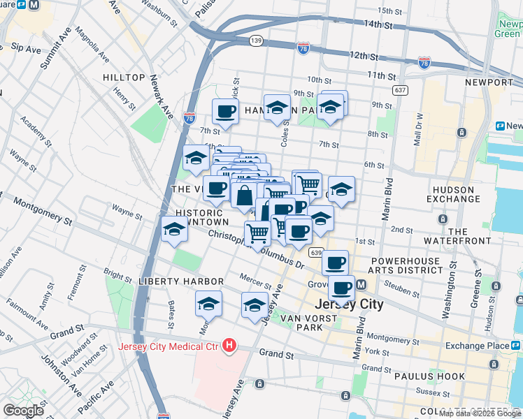 map of restaurants, bars, coffee shops, grocery stores, and more near 323 3rd Street in Jersey City