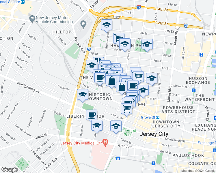 map of restaurants, bars, coffee shops, grocery stores, and more near 394 2nd Street in Jersey City