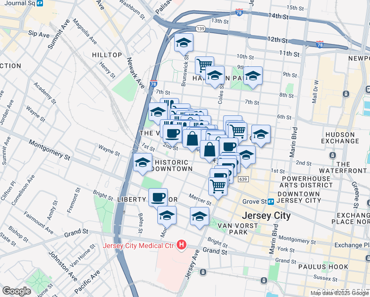 map of restaurants, bars, coffee shops, grocery stores, and more near in Jersey City