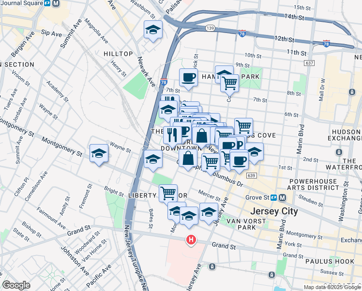 map of restaurants, bars, coffee shops, grocery stores, and more near in Jersey City