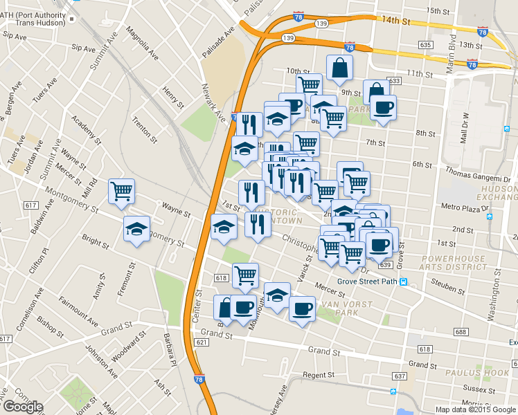 map of restaurants, bars, coffee shops, grocery stores, and more near in Jersey City