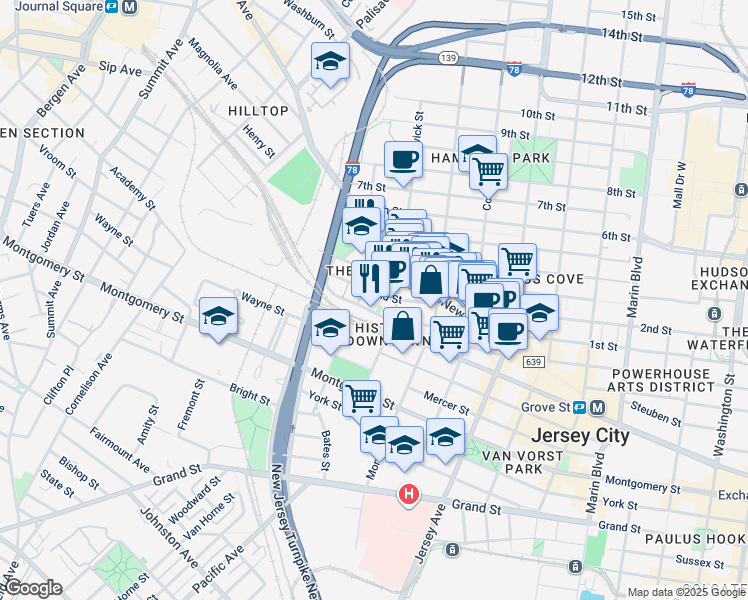 map of restaurants, bars, coffee shops, grocery stores, and more near in Jersey City