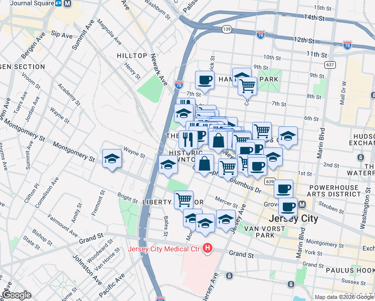 map of restaurants, bars, coffee shops, grocery stores, and more near in Jersey City