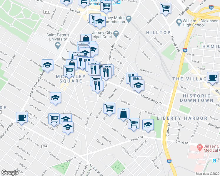 map of restaurants, bars, coffee shops, grocery stores, and more near 50 Baldwin Avenue in Jersey City