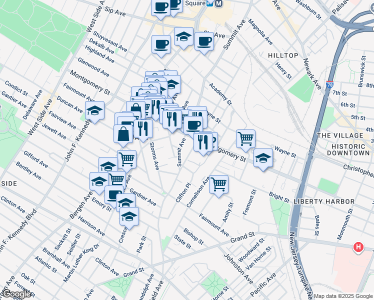 map of restaurants, bars, coffee shops, grocery stores, and more near 246 Summit Avenue in Jersey City
