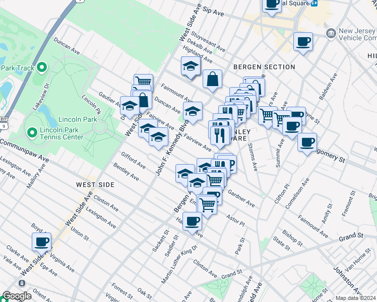 map of restaurants, bars, coffee shops, grocery stores, and more near 103 Fairview Avenue in Jersey City