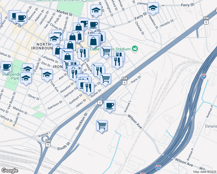 map of restaurants, bars, coffee shops, grocery stores, and more near 75 Rome Street in Newark