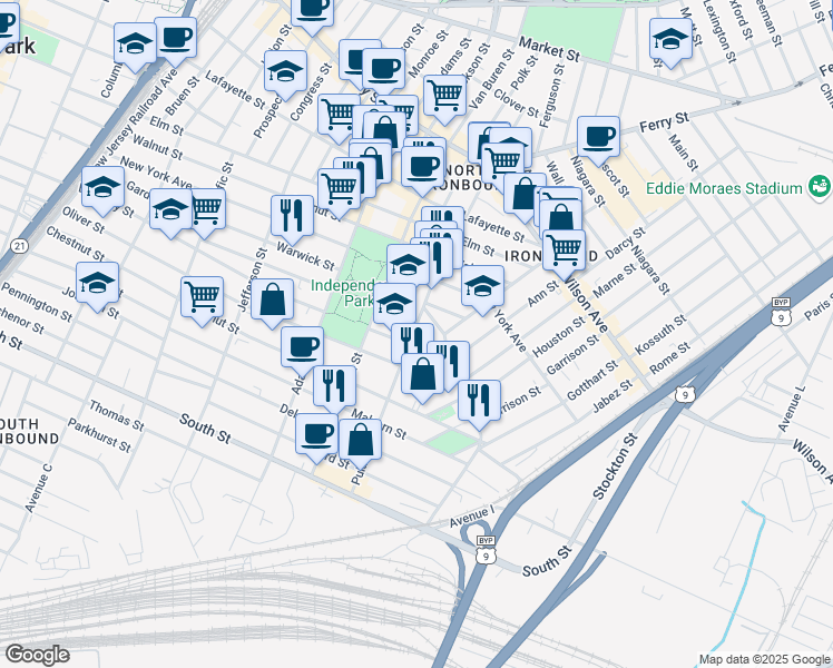 map of restaurants, bars, coffee shops, grocery stores, and more near 220b Nichols Street in Newark