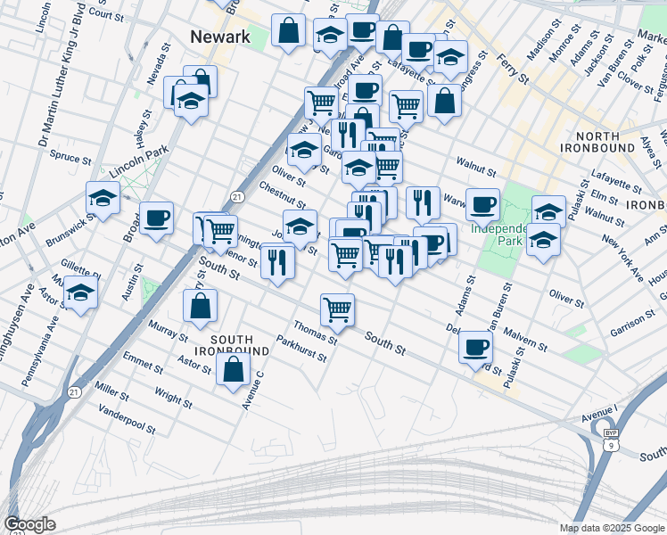 map of restaurants, bars, coffee shops, grocery stores, and more near 116 Johnson Street in Newark
