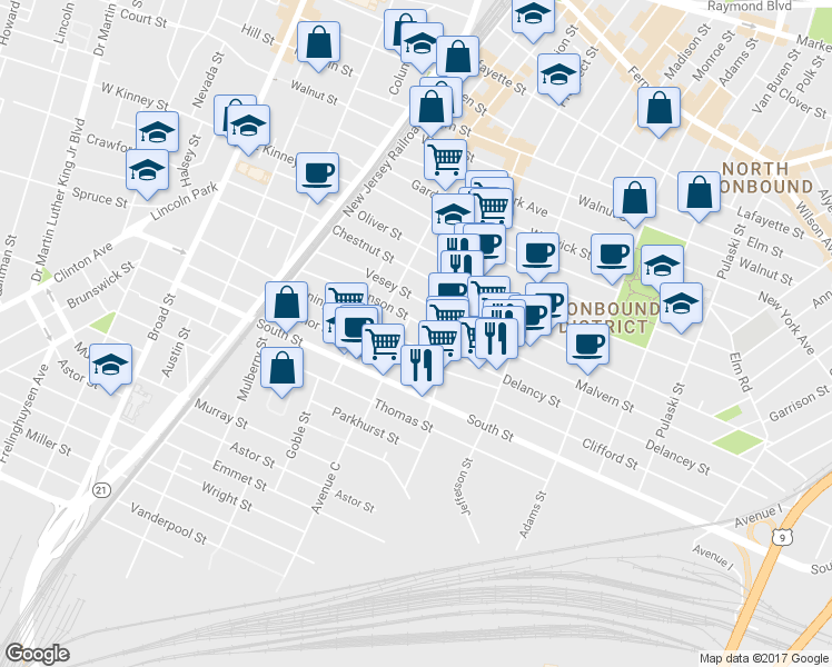 map of restaurants, bars, coffee shops, grocery stores, and more near 116 Johnson Street in Newark