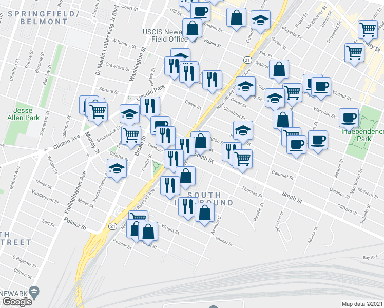 map of restaurants, bars, coffee shops, grocery stores, and more near 428 Mulberry Street in Newark