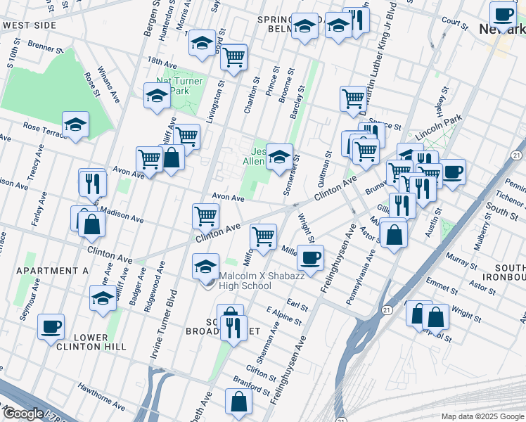 map of restaurants, bars, coffee shops, grocery stores, and more near 30/32 Avon Avenue in Newark