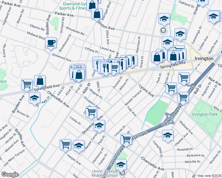 map of restaurants, bars, coffee shops, grocery stores, and more near 55 Bross Place in Irvington