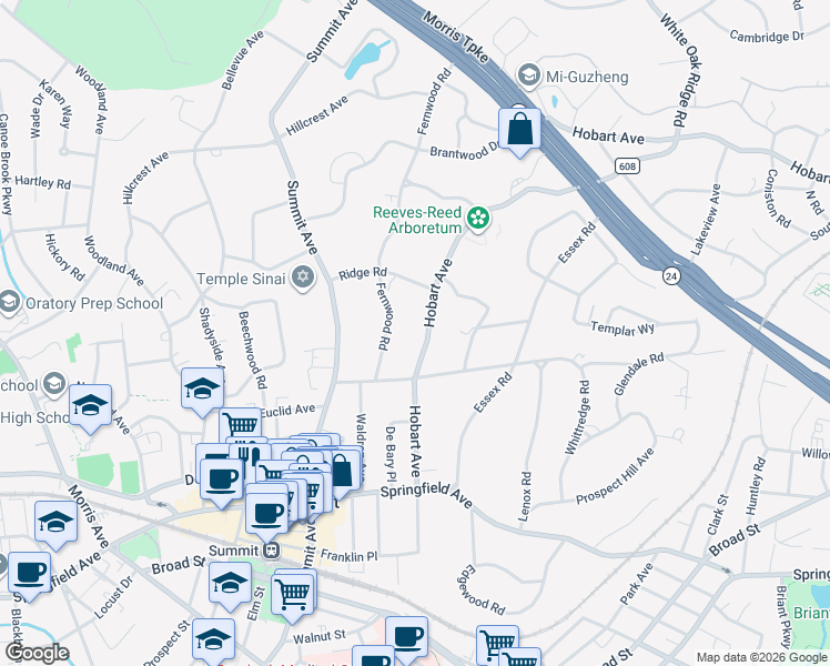 map of restaurants, bars, coffee shops, grocery stores, and more near 124 Hobart Avenue in Summit