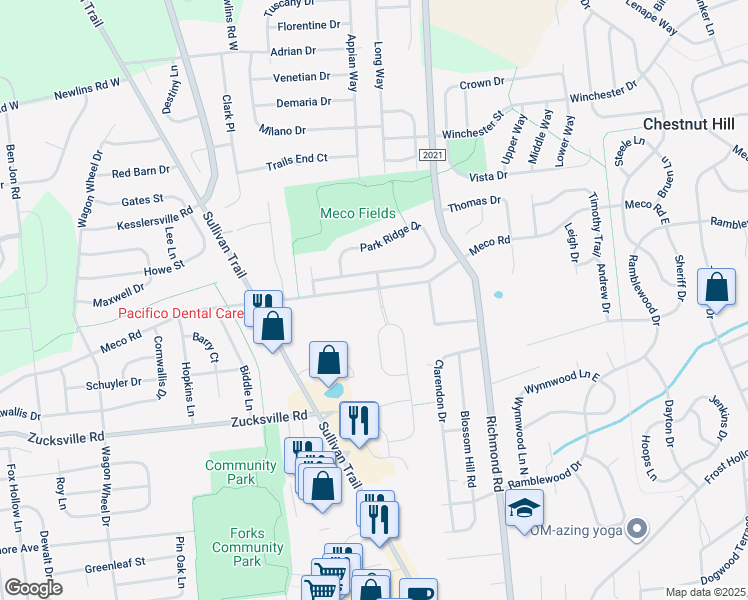 map of restaurants, bars, coffee shops, grocery stores, and more near 174 Park Ridge Drive in Easton