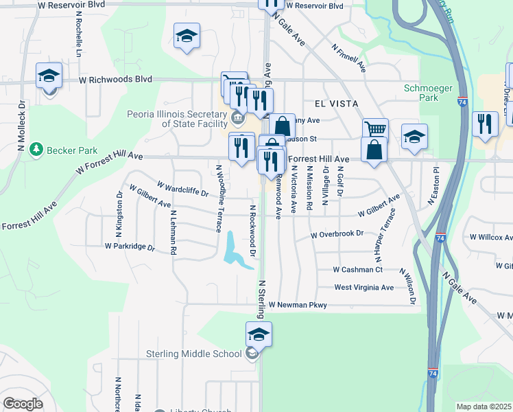 map of restaurants, bars, coffee shops, grocery stores, and more near 2920 North Rockwood Drive in Peoria
