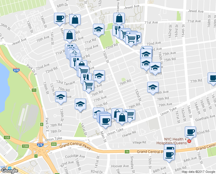 map of restaurants, bars, coffee shops, grocery stores, and more near 147-27 76th Road in Queens