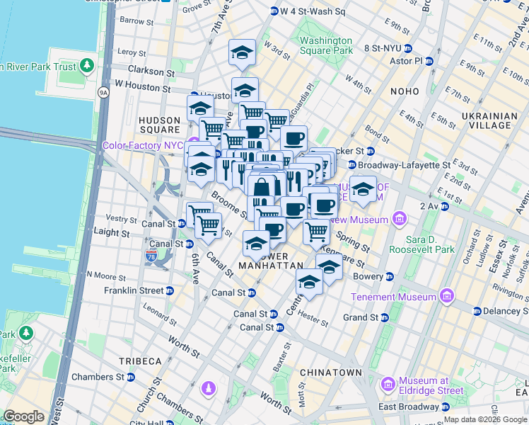 map of restaurants, bars, coffee shops, grocery stores, and more near in New York