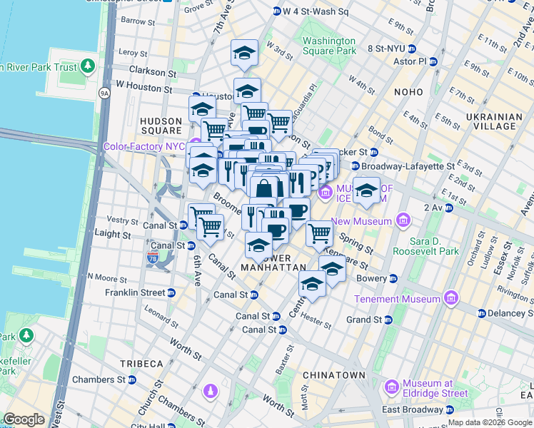 map of restaurants, bars, coffee shops, grocery stores, and more near in New York