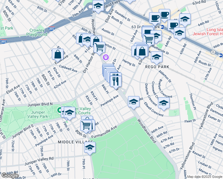 map of restaurants, bars, coffee shops, grocery stores, and more near 63-30 Woodhaven Boulevard in Queens