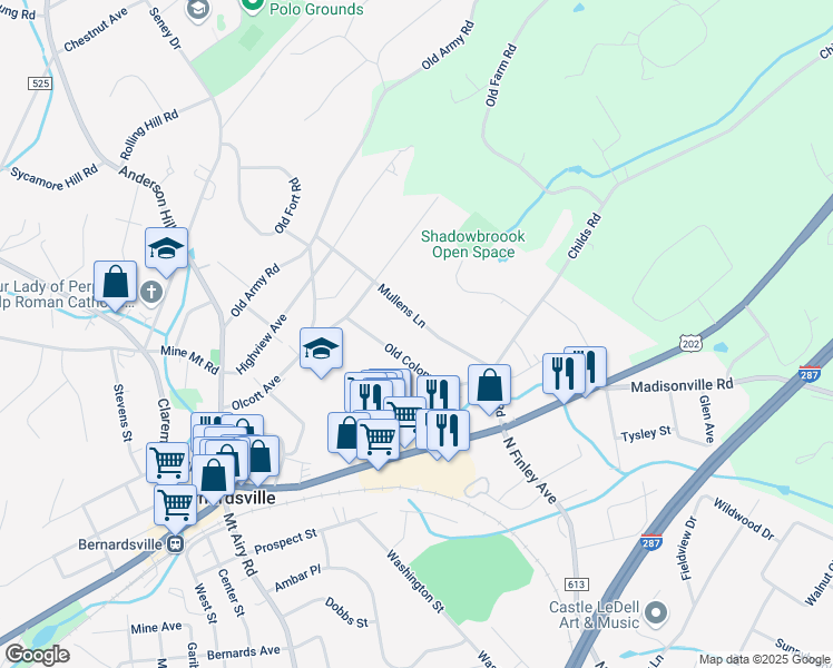 map of restaurants, bars, coffee shops, grocery stores, and more near 40 Mullens Lane in Bernardsville