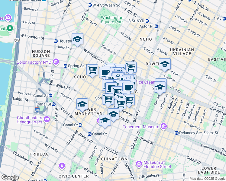 map of restaurants, bars, coffee shops, grocery stores, and more near 267 Lafayette Street in New York