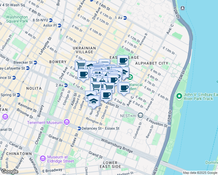 map of restaurants, bars, coffee shops, grocery stores, and more near 185 East 3rd Street in New York