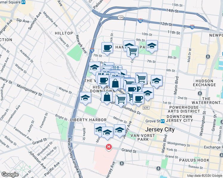 map of restaurants, bars, coffee shops, grocery stores, and more near 394 2nd Street in Jersey City