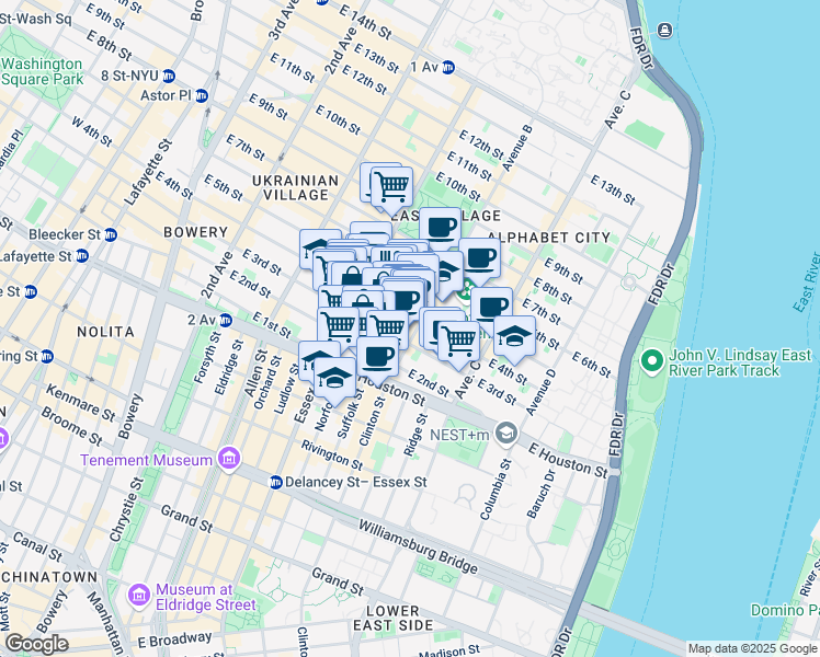map of restaurants, bars, coffee shops, grocery stores, and more near 46 Avenue B in New York