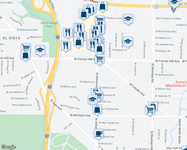 map of restaurants, bars, coffee shops, grocery stores, and more near 1311 West Maywood Avenue in Peoria