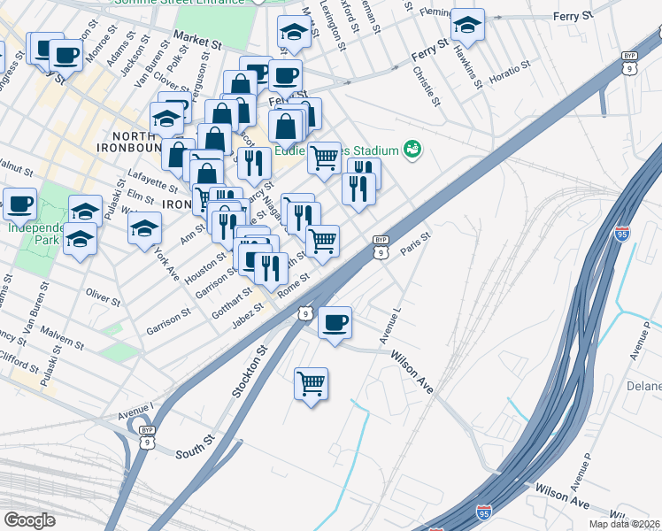 map of restaurants, bars, coffee shops, grocery stores, and more near 75 Rome Street in Newark