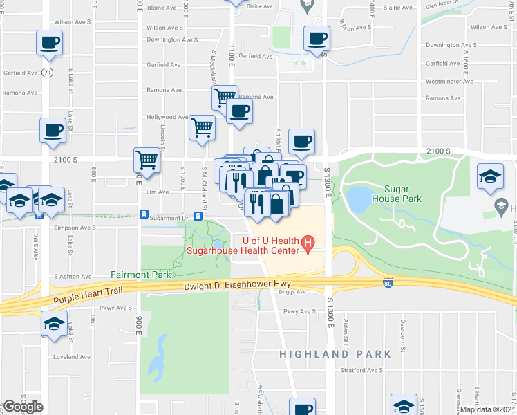 map of restaurants, bars, coffee shops, grocery stores, and more near 1138 Wilmington Avenue in Salt Lake City