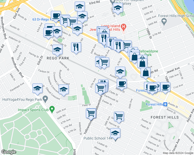 map of restaurants, bars, coffee shops, grocery stores, and more near 97-14 67th Avenue in Queens
