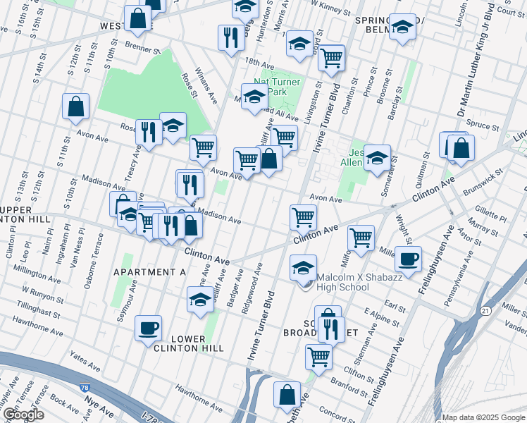map of restaurants, bars, coffee shops, grocery stores, and more near 118 Badger Avenue in Newark