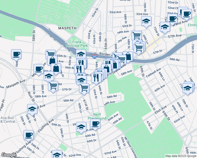 map of restaurants, bars, coffee shops, grocery stores, and more near in Queens