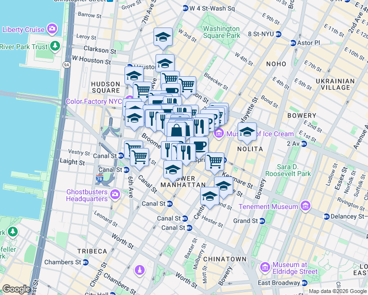 map of restaurants, bars, coffee shops, grocery stores, and more near 70 Greene Street in New York