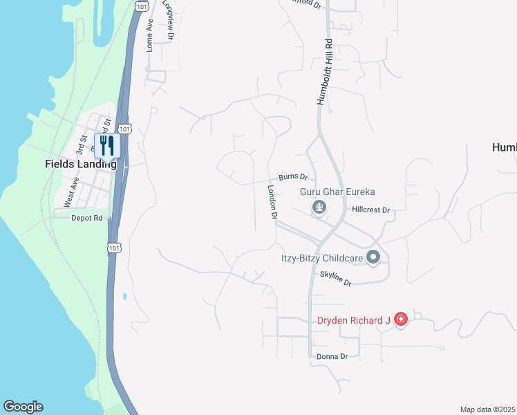 map of restaurants, bars, coffee shops, grocery stores, and more near 2185 Irving Drive in Eureka