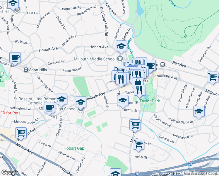map of restaurants, bars, coffee shops, grocery stores, and more near 397 Millburn Avenue in Millburn