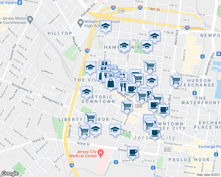 map of restaurants, bars, coffee shops, grocery stores, and more near 325 3rd Street in Jersey City