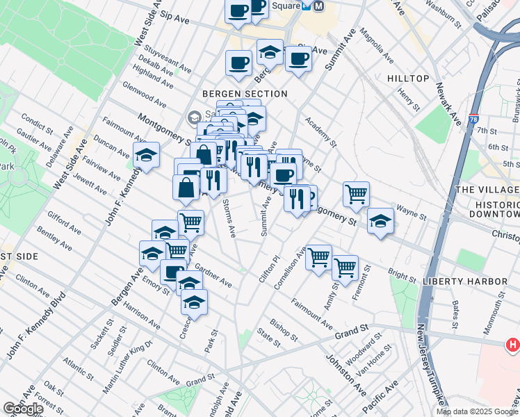 map of restaurants, bars, coffee shops, grocery stores, and more near 246 Summit Avenue in Jersey City