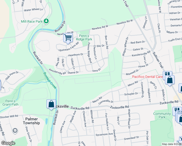 map of restaurants, bars, coffee shops, grocery stores, and more near 1225 Vera Drive in Easton