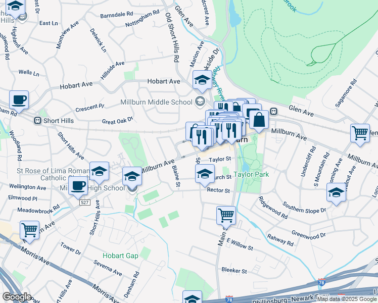 map of restaurants, bars, coffee shops, grocery stores, and more near 397 Millburn Avenue in Essex County
