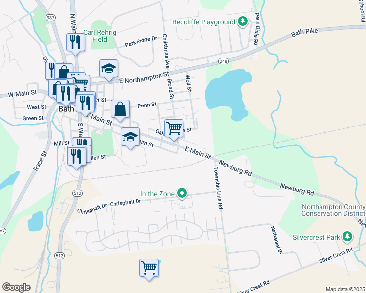 map of restaurants, bars, coffee shops, grocery stores, and more near 511 East Main Street in Bath