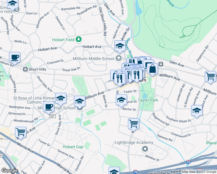 map of restaurants, bars, coffee shops, grocery stores, and more near 397 Millburn Avenue in Essex County
