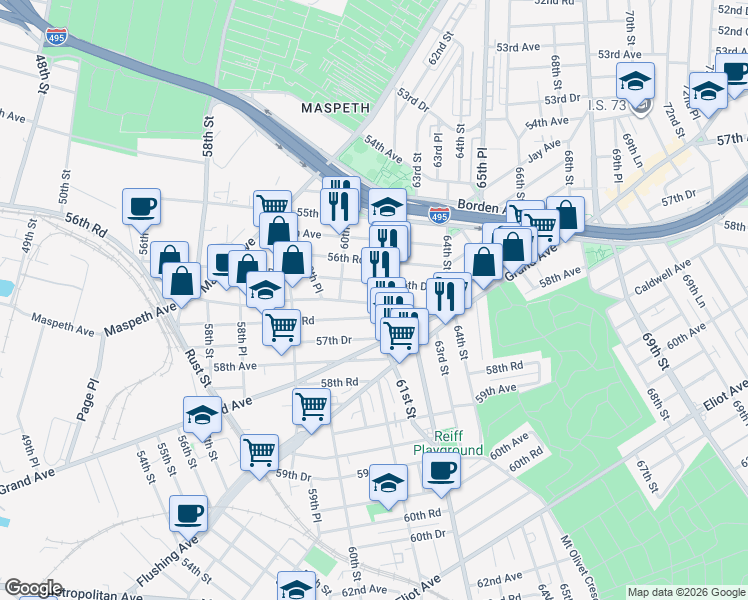 map of restaurants, bars, coffee shops, grocery stores, and more near in Queens