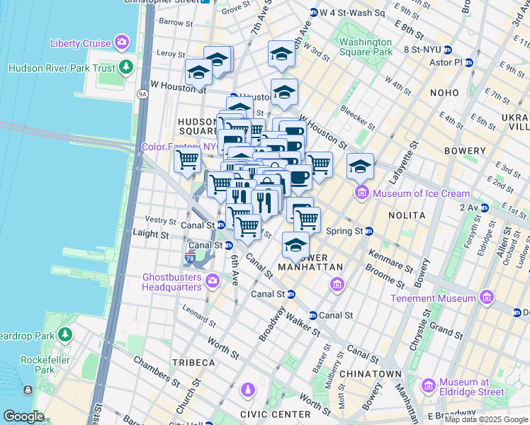 map of restaurants, bars, coffee shops, grocery stores, and more near 140 6th Avenue in New York