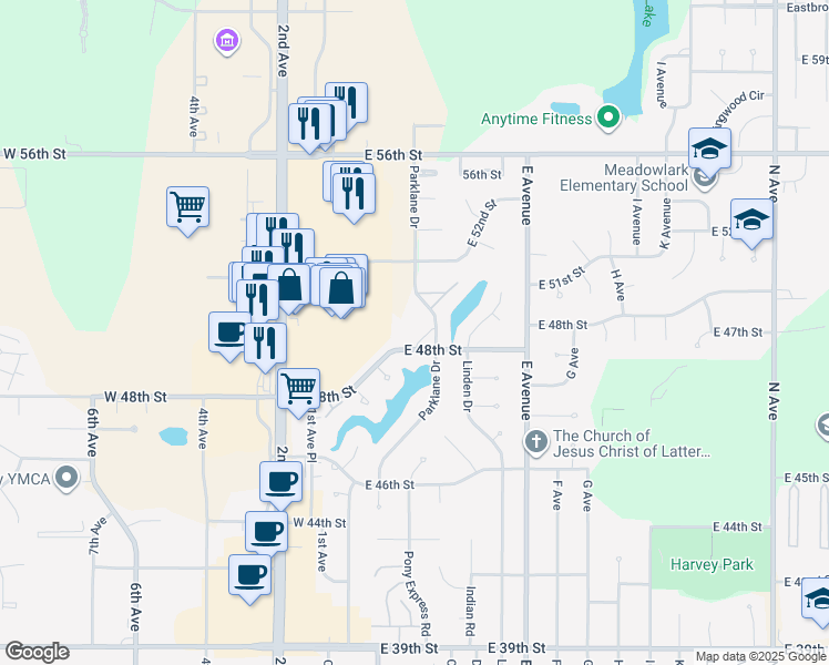 map of restaurants, bars, coffee shops, grocery stores, and more near 208 East 48th Street in Kearney