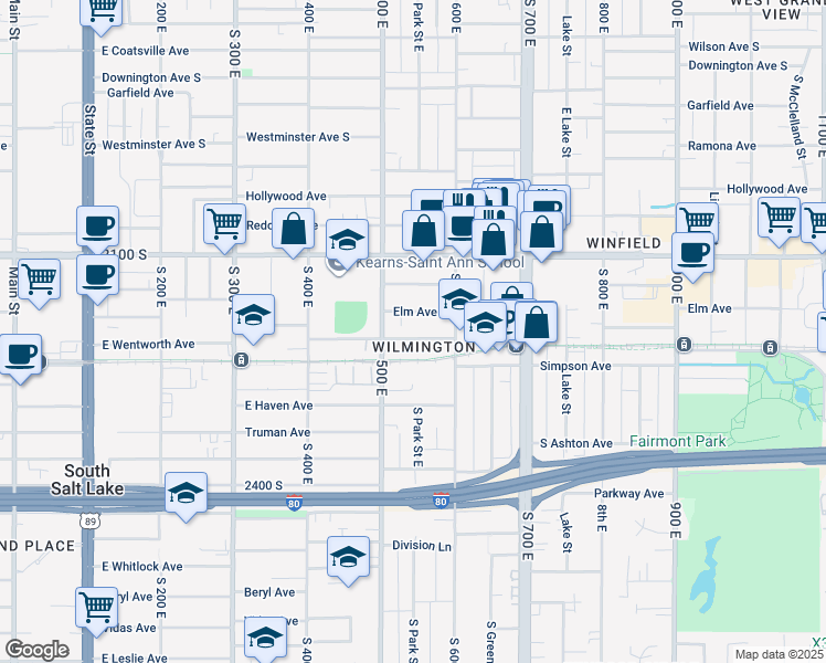 map of restaurants, bars, coffee shops, grocery stores, and more near 535 Wilmington Avenue in Salt Lake City