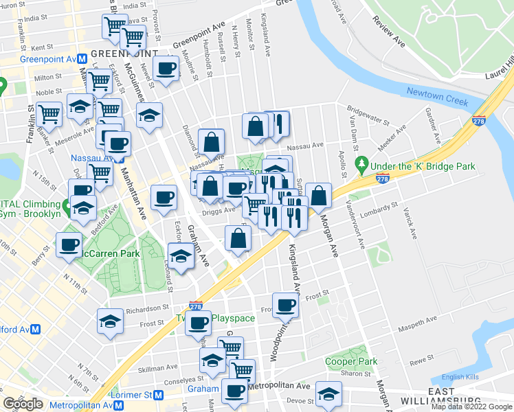 map of restaurants, bars, coffee shops, grocery stores, and more near N Henry St & Driggs Ave in Brooklyn