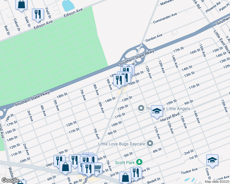 map of restaurants, bars, coffee shops, grocery stores, and more near 348 15th Street in West Babylon